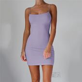color dress slim Solid fit camisole 纯色修身 方领吊带连衣裙女