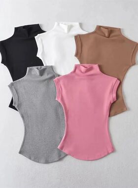 Half high neck solid color waist cinched top半高领收腰上衣女