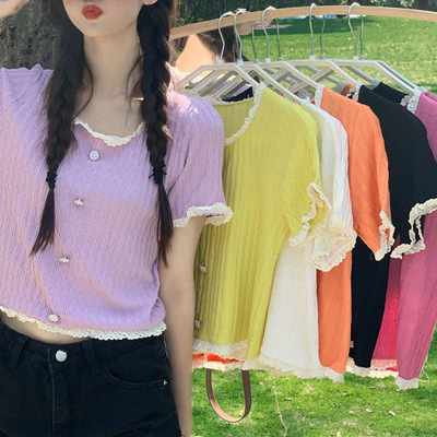 蕾丝拼接短款针织短袖