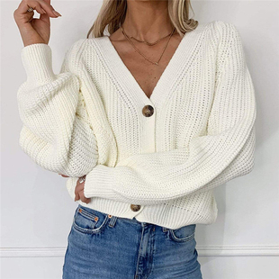 Fashion V-neck button women's knitted jacket