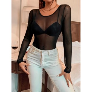 color long for 网纱上衣 women top Solid mesh 纯色长袖 sleeved