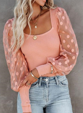 Casual Polka Dot Panel Long Sleeve Top休闲波点拼接长袖上衣女