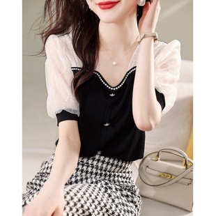 knitted fake two Spliced 拼接V领针织假两件衬衫 neck shirts