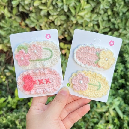 手工毛线钩织发卡粉色黄色清新花朵侧边bb夹甜美少女发夹头饰成品