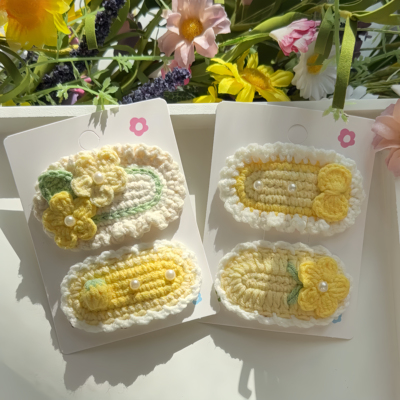 成品手工毛线钩织宝宝发夹黄色系花朵草莓侧边bb夹少女童发卡头饰