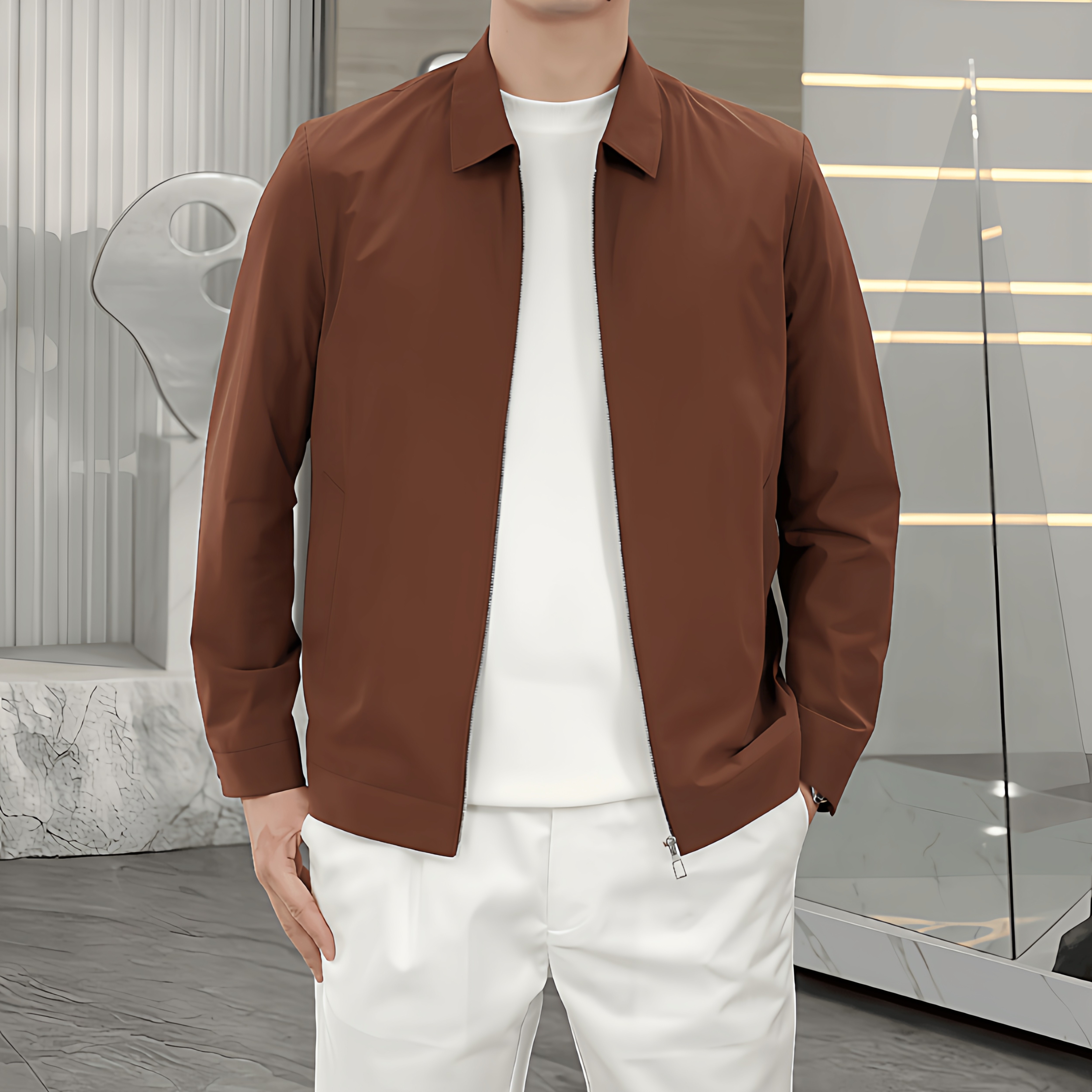 春季新款行政外套高品质轻薄透气桑蚕丝面料男士修身翻领休闲夹克