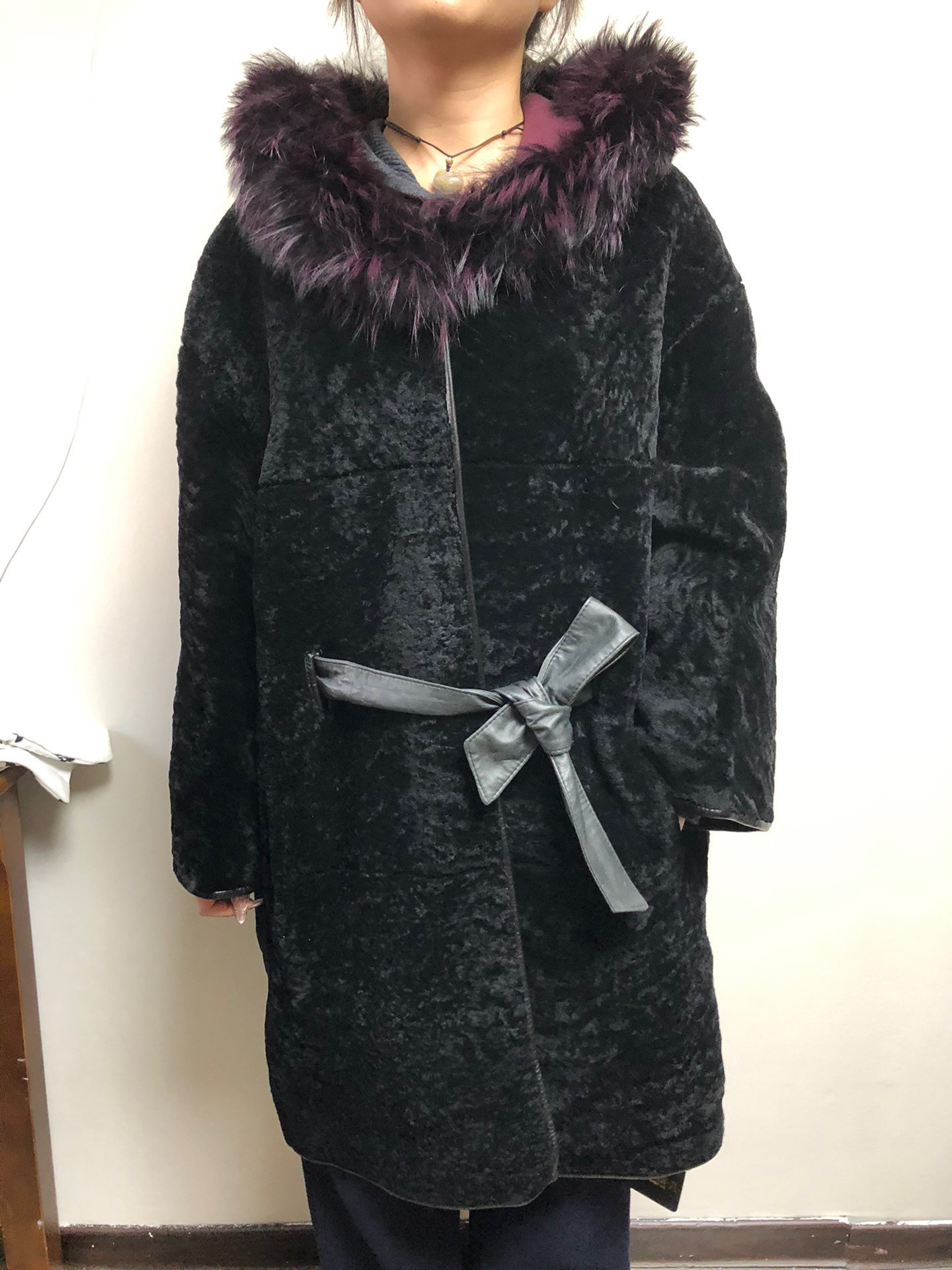 大码二面穿女士外贸原单样衣狐狸毛领羊剪绒皮毛一体腰带裘皮大衣