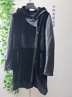 外贸原单进口女士绵羊皮真皮真毛皮毛一体连帽长款外套外域风8114