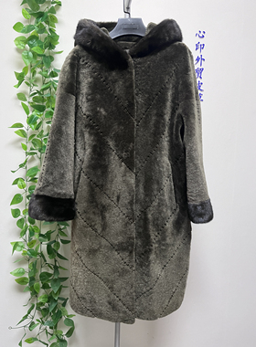 断码尾货工厂甩卖女士进口水貂领袖连帽长款绵羊皮毛一体暮光绿色