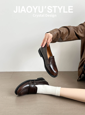 真皮~骄屿复古圆头小皮鞋英伦风棕色一脚蹬单鞋皮带扣通勤乐福鞋