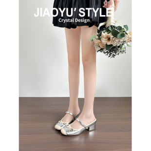 蝴蝶结粗跟玛丽珍凉拖鞋 新款 骄屿内增高7CM不累脚包头半拖鞋 真皮