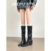 真皮 骄屿铆钉皮带扣长筒靴女不过膝辣妹骑士靴高筒靴西部牛仔靴