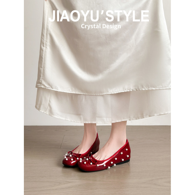 真皮~骄屿内增高芭蕾珍珠单鞋蝴蝶结软底小香风玛丽珍鞋红色婚鞋