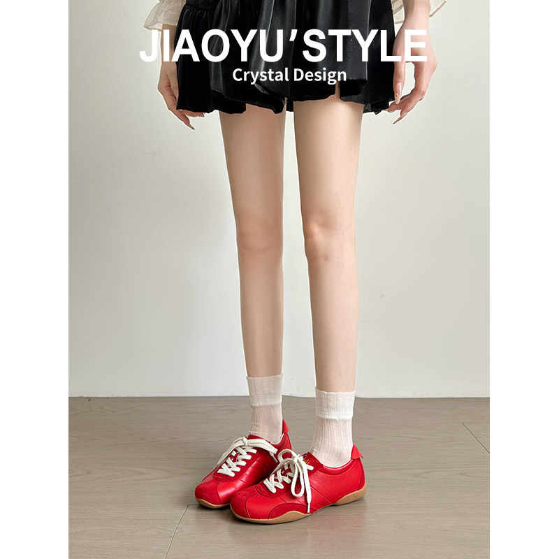 真皮~骄屿内增高红色芭蕾德训鞋女2026新款系带运动休闲鞋阿甘鞋