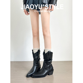 真皮 马丁靴尖头内增高显瘦粗跟短靴 骄屿复古褶皱堆堆靴2025新款
