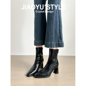 真皮 骄屿高跟方头瘦瘦靴粗高跟短靴女复古马丁靴英伦风秋冬单靴