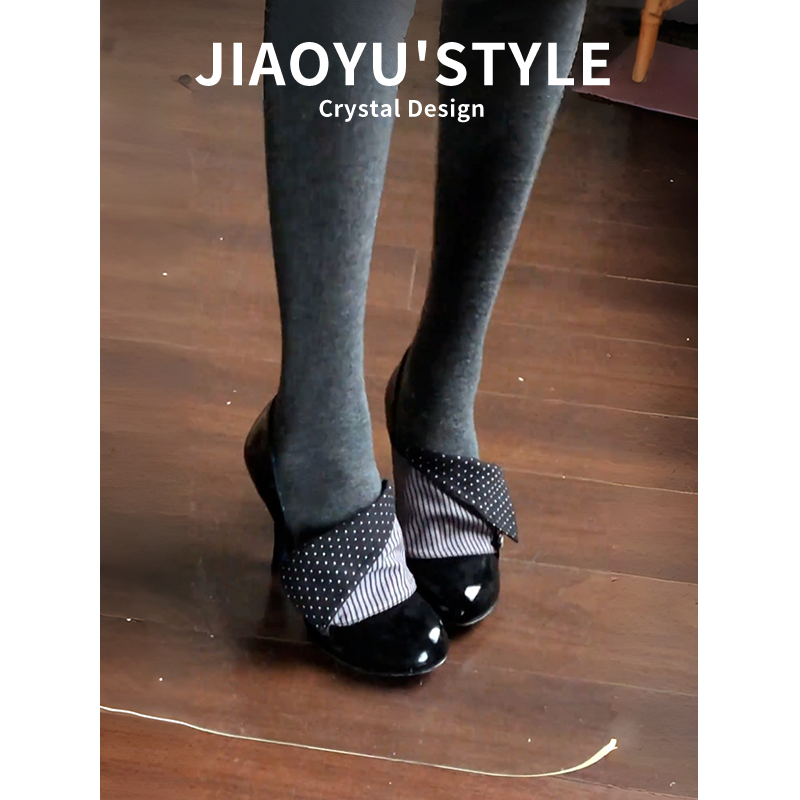 真皮~骄屿复古波点碎花高跟鞋女2026新款芭蕾玛丽珍翻盖浅口单鞋