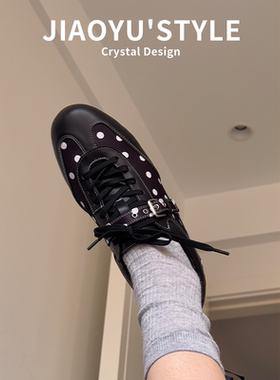 真皮~骄屿黑色设计感波点系带休闲德训鞋2025新款复古运动阿甘鞋