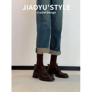 真皮~骄屿 高跟系带乐福鞋女厚底粗跟单鞋百搭复古方头增高小皮鞋