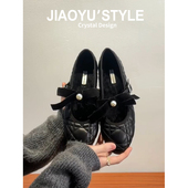 温柔晚晚鞋 真皮骄屿菱格纹玛丽珍鞋 黑色蝴蝶结内增高加绒保暖单鞋