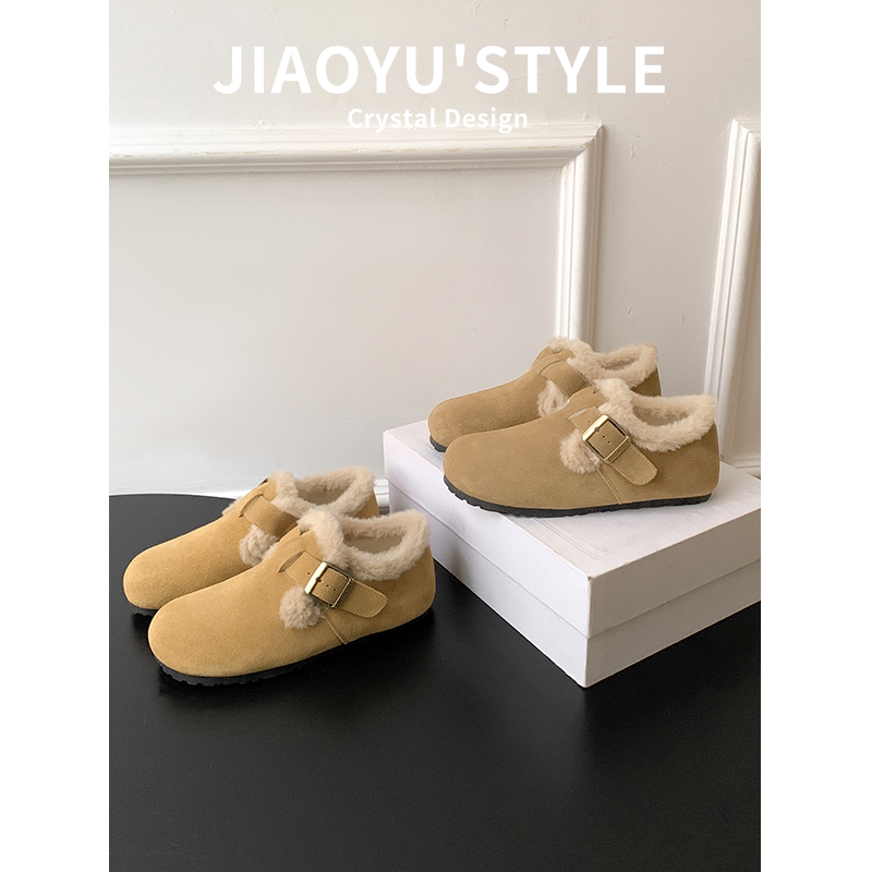 真皮~骄屿加绒勃肯鞋冬季2025新款保暖毛毛棉鞋一脚蹬厚底雪地靴