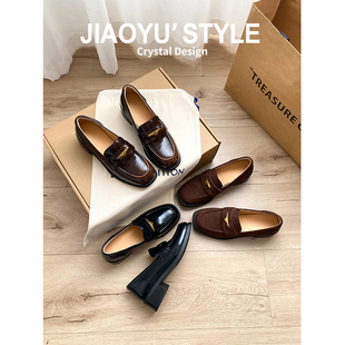 英伦风百搭单鞋 真皮 学院风粗跟小皮鞋 新款 骄屿复古金属扣乐福鞋