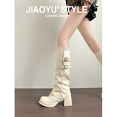 管靴 高跟骑士靴方头白色两穿裤 真皮 骄屿褶皱堆堆长筒靴2025新款