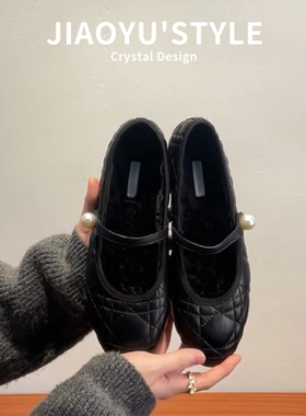 真皮~骄屿法式小香风玛丽珍黑色通勤单鞋复古晚晚风软底珍珠瓢鞋