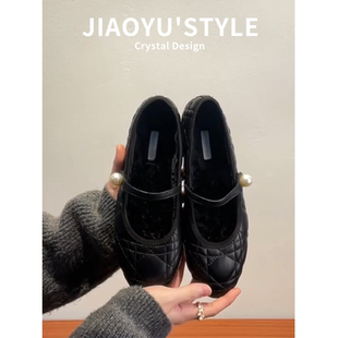 复古晚晚风软底珍珠瓢鞋 小香风玛丽珍黑色通勤单鞋 骄屿法式 真皮