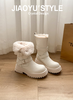 真皮~骄屿两穿雪地靴2025新款冬季厚底加绒保暖中筒白色东北棉鞋