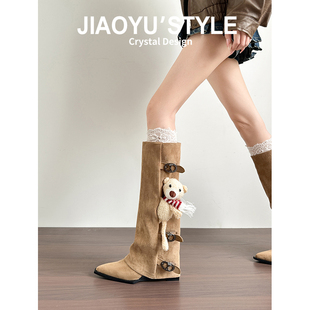 皮带扣长筒靴 管靴坡跟骑士长靴2025秋冬新款 真皮 骄屿尖头辣妹裤