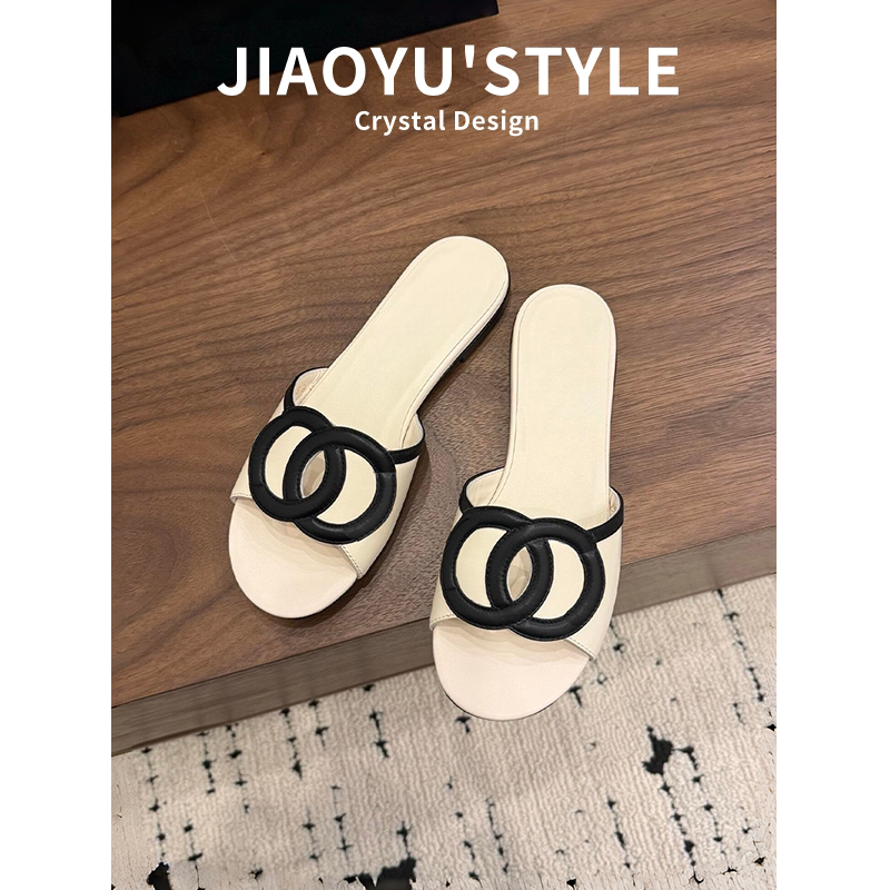 真皮~骄屿小香风海边沙滩凉拖鞋女夏外穿平底拼色一字拖高跟凉鞋