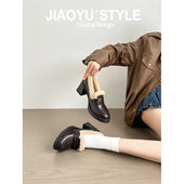 真皮 一脚蹬高跟玛丽珍单鞋 骄屿复古加绒乐福鞋 女粗跟毛毛小皮鞋