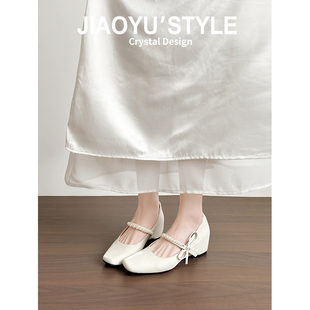 真皮~骄屿法式气质方头玛丽珍鞋高跟鞋仙女风珍珠蝴蝶结浅口单鞋