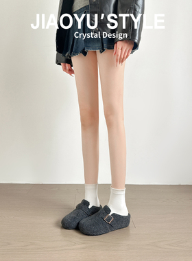 真皮~骄屿灰色加绒勃肯鞋女2025秋冬包头半拖保暖毛毛棉鞋雪地靴