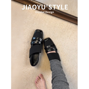 真皮~骄屿浅口银色运动玛丽珍鞋2026新款厚底魔术贴休闲芭蕾单鞋