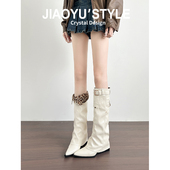 真皮 骄屿复古裤 管靴皮带扣美拉德两穿翻折长筒靴粗跟显瘦骑士靴