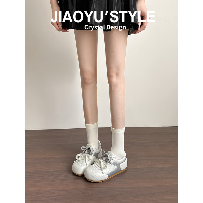 真皮~骄屿丑萌德训鞋女2026春新款双鞋带小白鞋轻便软底休闲板鞋