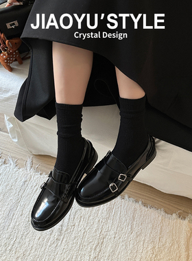 真皮~骄屿复古圆头小皮鞋英伦通勤一脚蹬单鞋内增高皮带扣乐福鞋