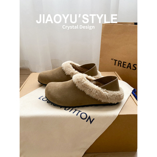 保暖毛毛鞋 真皮 拖鞋 脚踩两穿雪地靴子一脚蹬棉鞋 骄屿加绒勃肯鞋