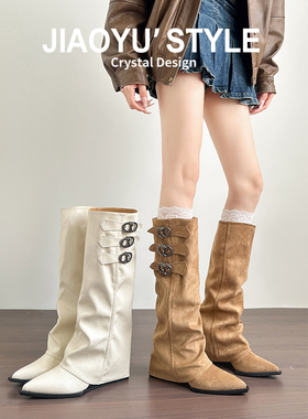 真皮~骄屿尖头内增高裤管靴女皮带扣白色不过膝长筒靴坡跟骑士靴