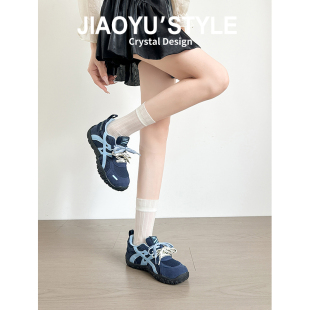 厚底透气休闲蓝色运动阿甘鞋 女2025新款 骄屿7CM内增高德训鞋 真皮