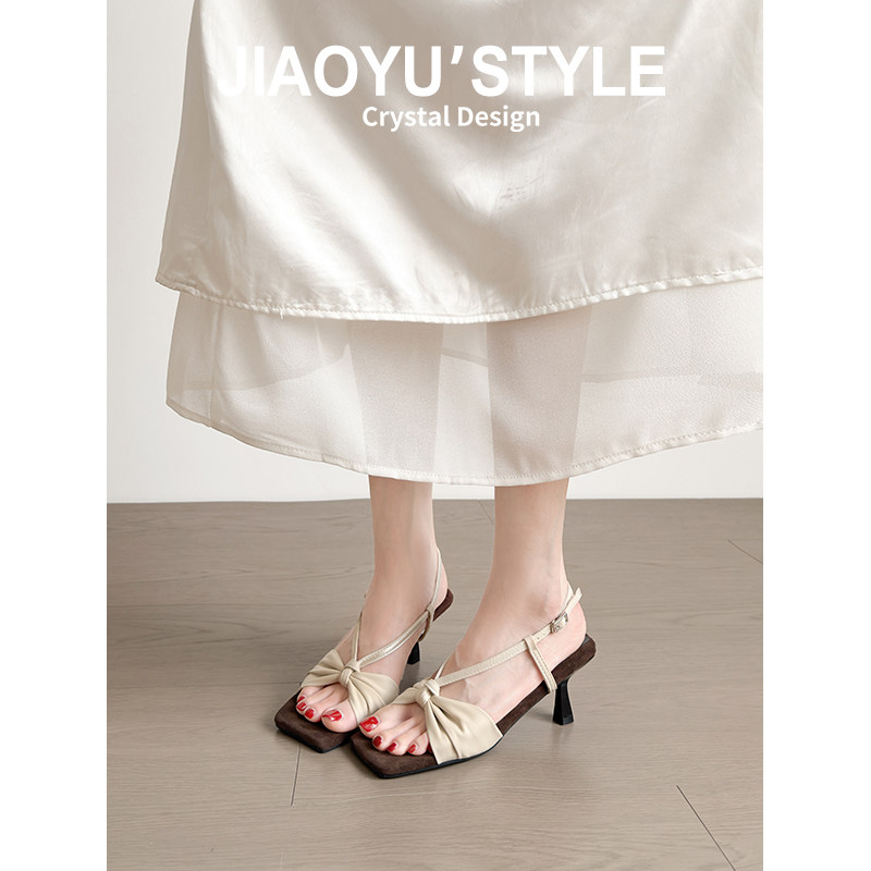 真皮~骄屿法式绝美蝴蝶结高跟鞋女小众方头气质优雅露趾细跟凉鞋