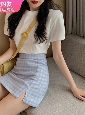 短裙包臀韩版a字格子开叉