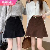 大码 复古灯芯绒半身裙女2023新款 秋冬小个子鱼尾裙遮胯包臀短裙潮