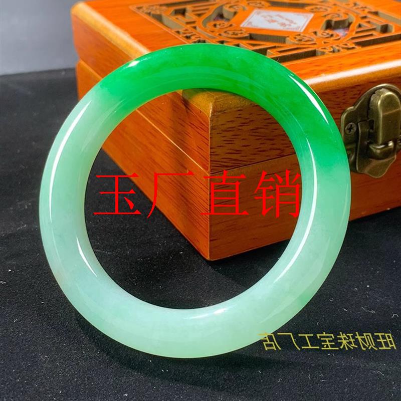 翡翠色冰糯种白底青飘阳绿圆条福镯祖母绿冰种正圈满绿色玉石手镯