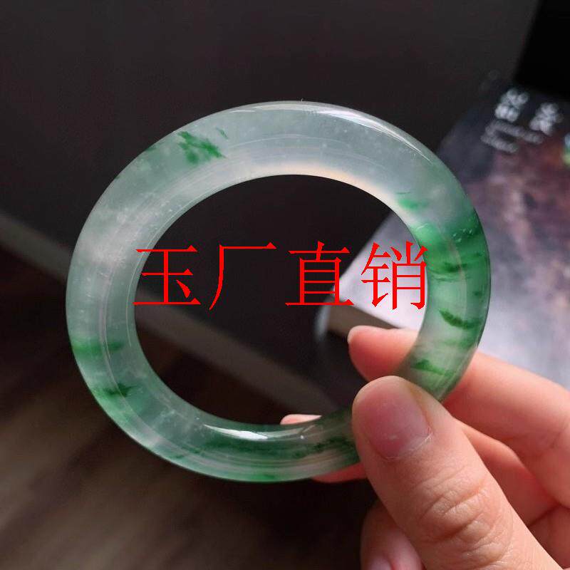 冰种冰底飘辣绿花翡翠色圆条玉镯