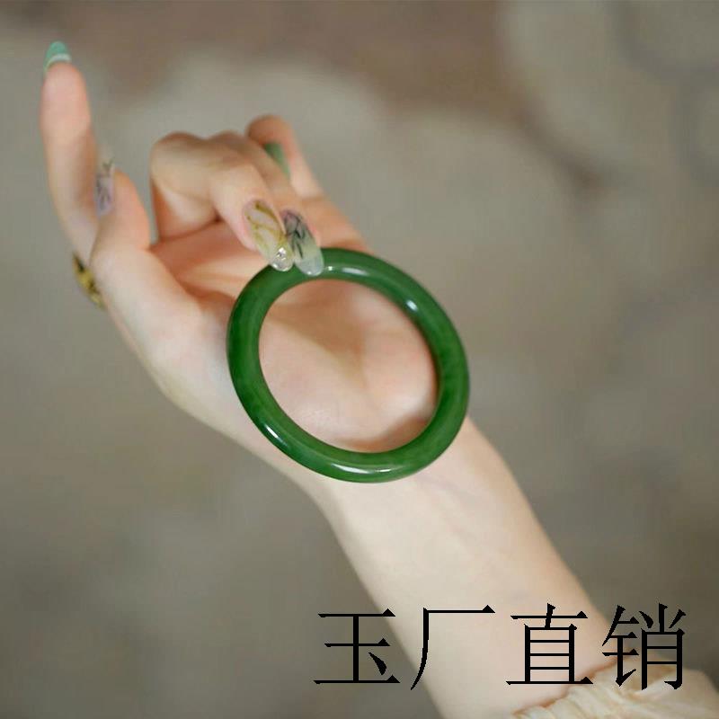 新疆和田玉手镯女款菠菜绿圆条年轻款青海料晴水碧玉美人条玉镯子