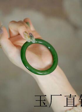 新疆和田玉手镯女款菠菜绿圆条年轻款青海料晴水碧玉美人条玉镯子