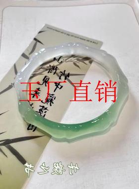 油青翡翠色玉镯半山半水渐变透亮竹节手镯冰种玛瑙手镯玉髓美人镯